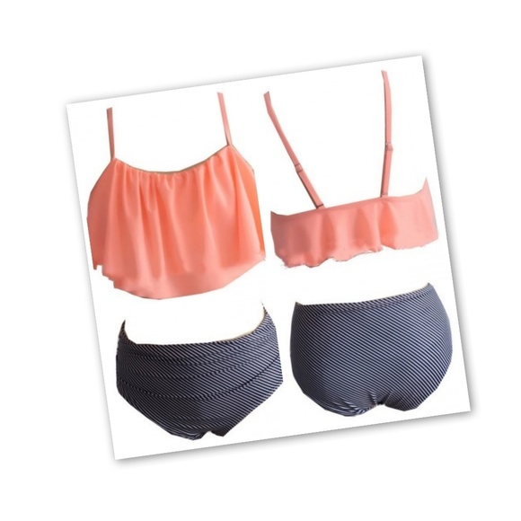 Swim Suit Peach Ruffle w/BlkWht Stripe High Waist - Picture 2 of 3
